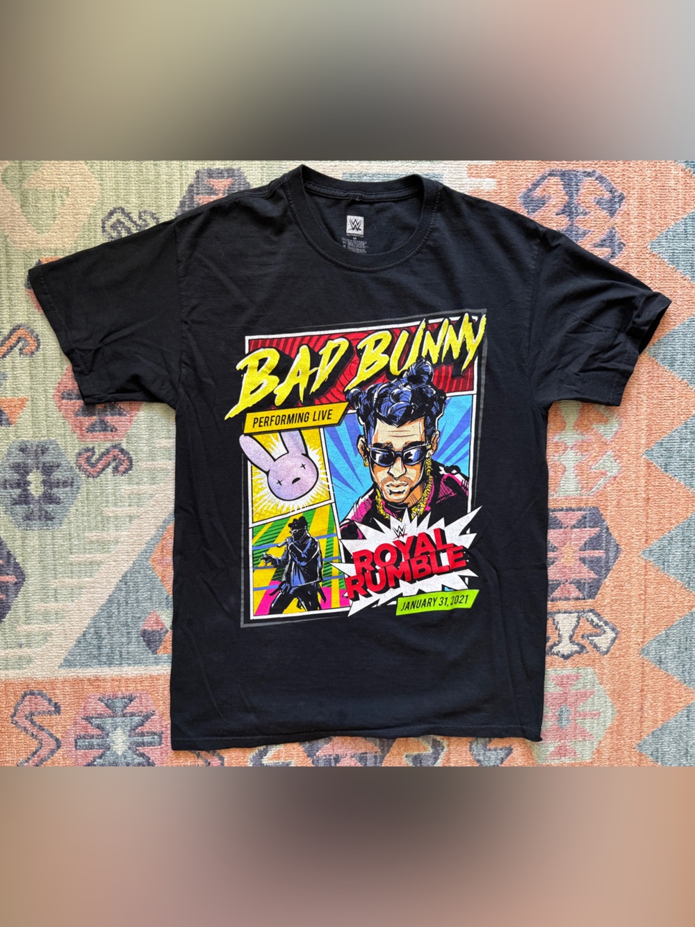 WWE Bad Bunny Royal Rumble 2021 Comic Graphic Black T-Shirt Medium